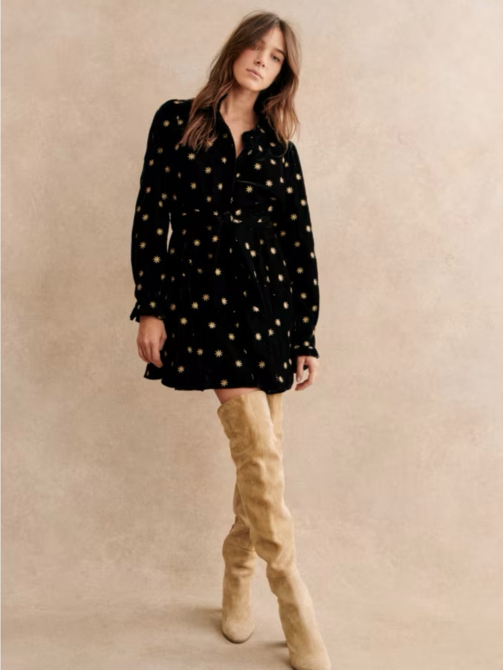 NWOT Sezane Orchidea Dress, 44/12, Black Velvet/Gold
